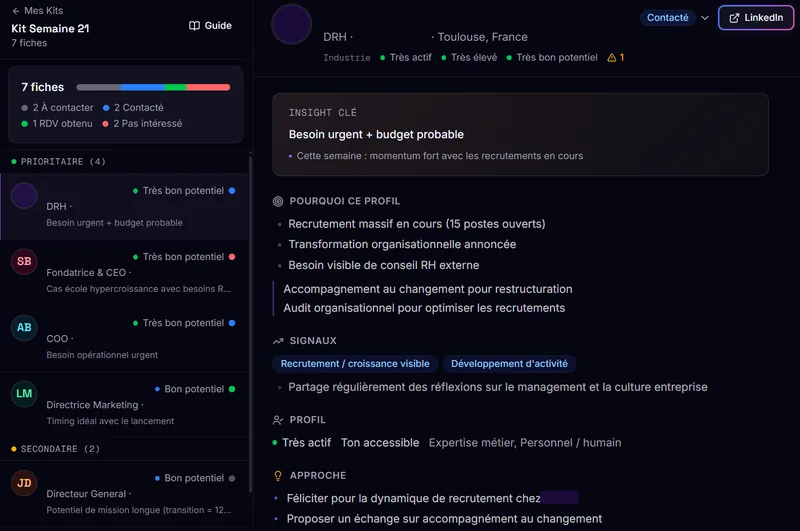 Aperçu du dashboard RELAIS : fiches prospects analysées en profondeur